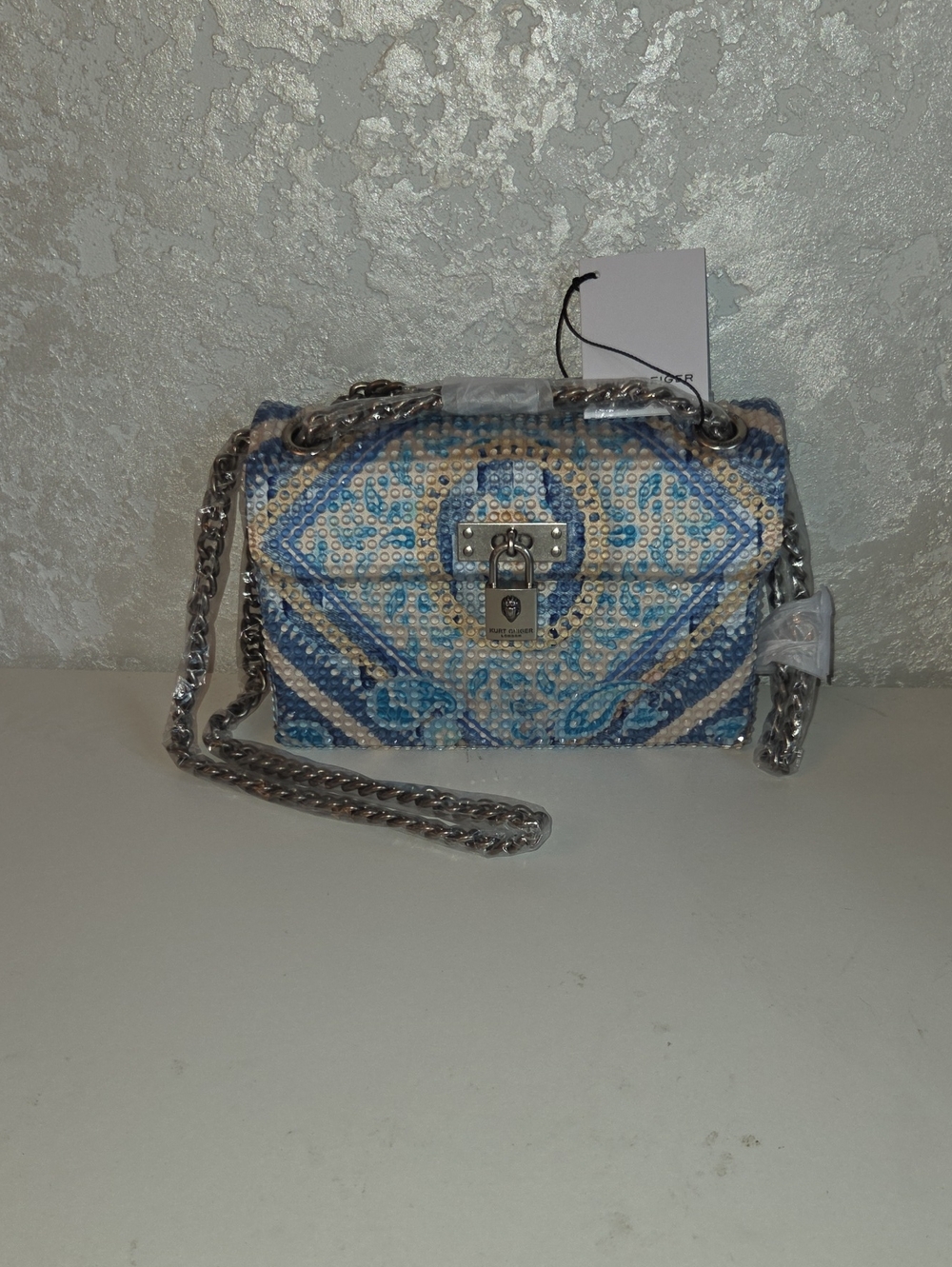 Kurt Geiger Blue and White Beaded Crossbody Bag with Silver Chain
